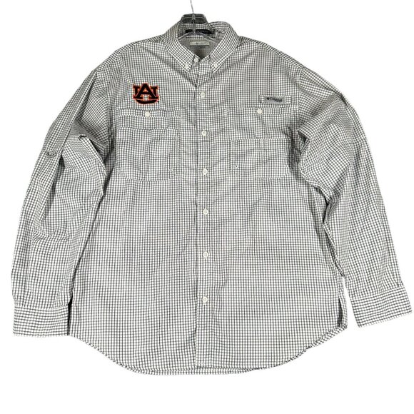 Auburn Tigers Columbia PFG Mens Medium Navy White Plaid Super Tamiami Button Up - Picture 1 of 8